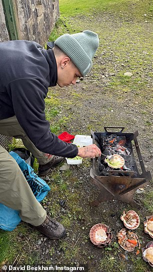 Sharing photos of them having dinner, proud dad David showed his sons preparing the seafood before cooking it on a BBQ outside