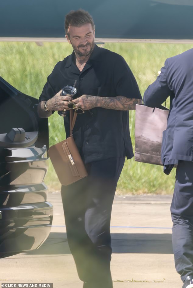 David Beckham's private jet arrives back in Luton on Saturday after the family enjoyed a swanky dinner in Paris to celebrate his 50th birthday