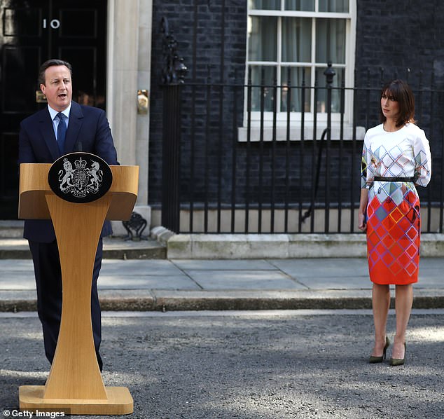 David Cameron 'insisted that the eurosceptics would never quieten down unless they were thrown a bone', says Sarah Vine in her new memoir. Pictured, the former prime minister resigning in 2016 after the Brexit vote