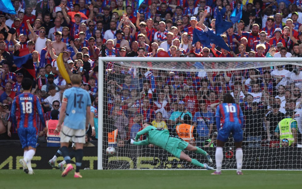 Manchester City's Omar Marmoush's penalty shot being saved.