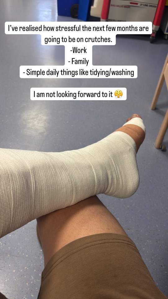 Bandaged leg with text overlay expressing stress about upcoming months on crutches.