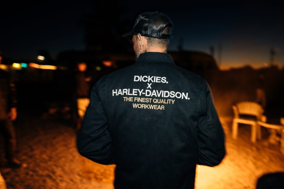Person wearing a Dickies x Harley-Davidson workwear jacket.