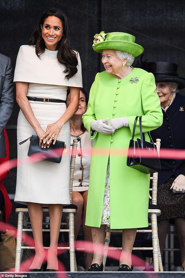 Meghan compared the 'surreal' encounter with the Queen to a night out at US restaurant Medieval Times. She is pictured with the Queen in 2018