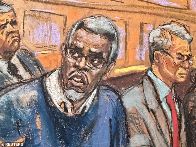 U.S. Marshalls sit behind Sean 'Diddy' Combs as he sits at the defence table alongside lawyer Brian Steel in the courtroom during his sex trafficking trial in New York City, New York, U.S., May 9, 2025 in this courtroom sketch