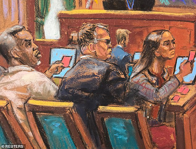 Special Agent Yasin Binda testified later Friday to what the feds discovered in room 2115 at the Park Hyatt Hotel on September 16, 2024, the day Combs was taken into custody following an indictment from a grand jury (pictured: Sean 'Diddy' Combs (left) and his defense team pass notes during the cross examination of Casandra 'Cassie' Ventura during Combs)