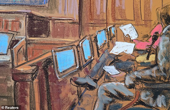 Potential jurors answer written questions by U.S. District Judge Arun Subramanian during jury selection in Sean "Diddy" Combs' sex trafficking trial in New York City, New York, U.S., May 6, 2025 in this courtroom sketch. REUTERS/Jane Rosenberg