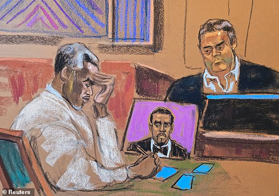 George Kaplan testifies at Sean "Diddy" Combs' sex trafficking trial in New York City, New York, U.S., May 21, 2025 in this courtroom sketch. REUTERS/Jane Rosenberg