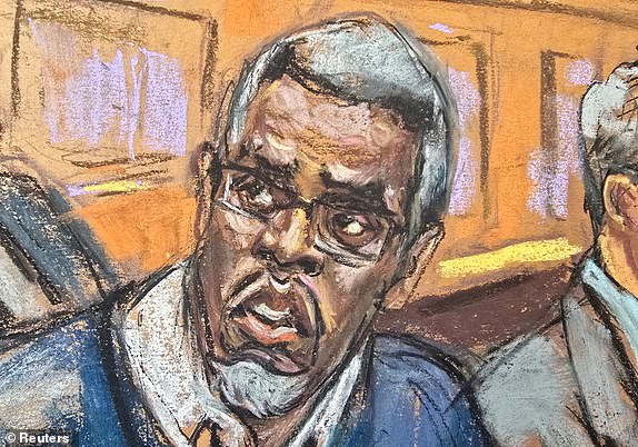 Sean "Diddy" Combs sits at the defense table as he listens to lawyer Marc Agnifilo speak during his sex trafficking trial in New York City, New York, U.S., May 9, 2025 in this courtroom sketch. REUTERS/Jane Rosenberg