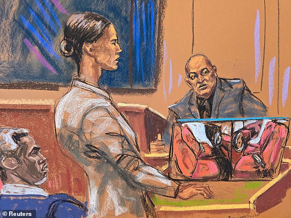 Sean "Diddy" Combs watches as prosecutor Christy Slavik questions Los Angeles fire arson investigator Lance Jiminez near a photograph of the interior of a car that had caught fire, at Combs' sex trafficking trial in New York City, New York, U.S., May 28, 2025 in this courtroom sketch. REUTERS/Jane Rosenberg
