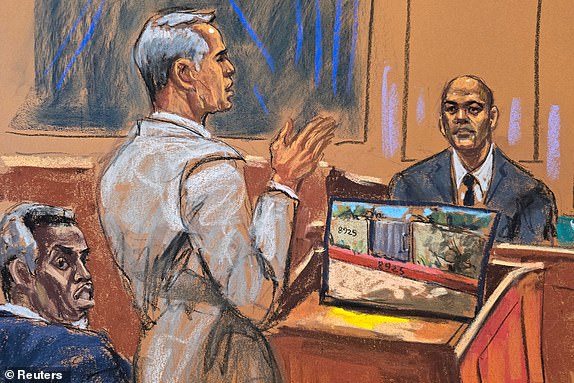 Sean "Diddy" Combs watches as his defense lawyer Brian Steel cross examines Los Angeles Police Department (LAPD) Officer Christopher Ignacio at Combs' sex trafficking trial in New York City, New York, U.S., May 28, 2025 in this courtroom sketch. REUTERS/Jane Rosenberg