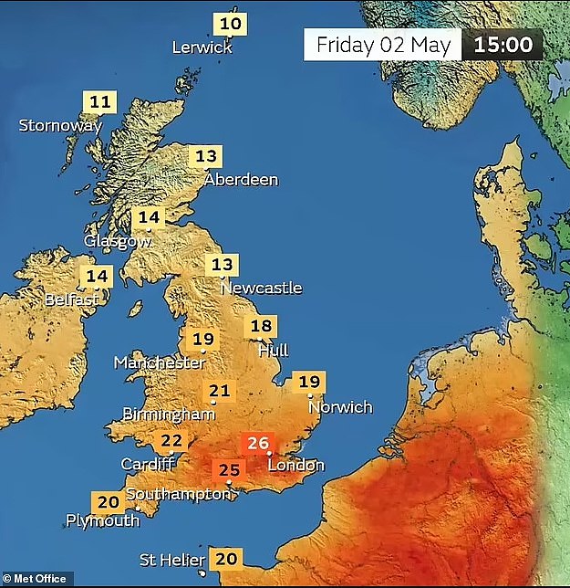 Very warm weather continues tomorrow with 26C highs before temperatures drop this weekend with 19C on Saturday and 16C on Sunday