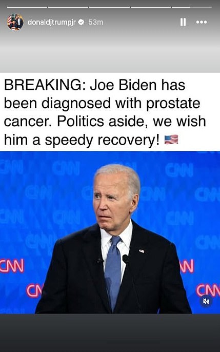 Donald Trump Jr. was the first to extend his wishes for a 'speedy recovery' for Biden