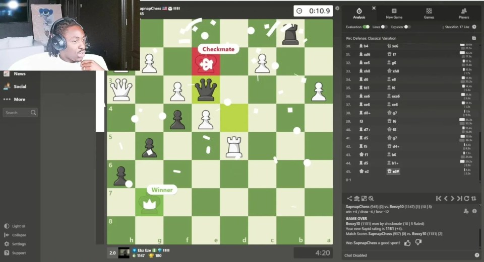 Screenshot of a chess game ending in checkmate, showing a player celebrating their win.