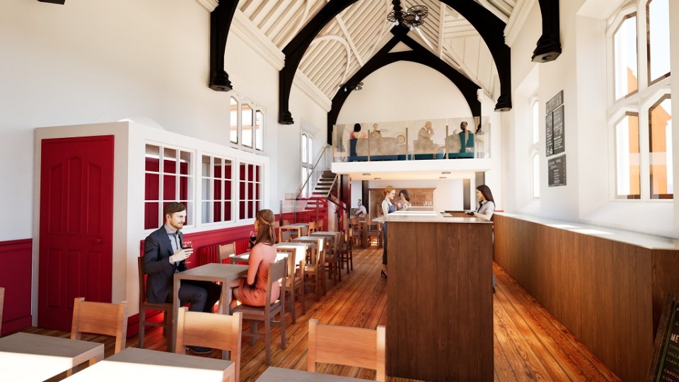 Illustration of a pub's interior design in a refurbished railway station waiting room.
