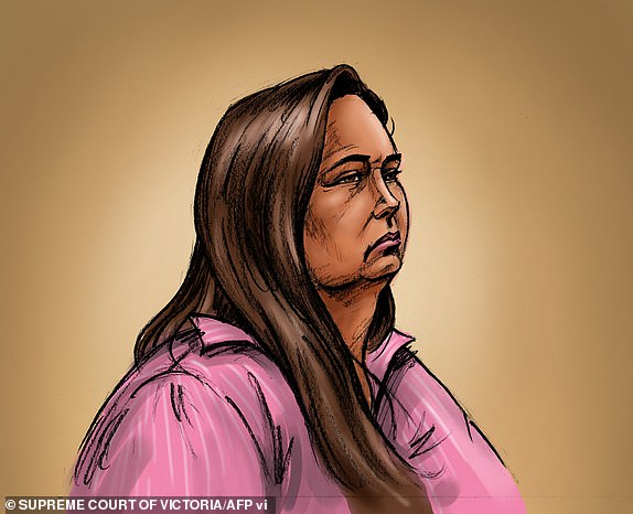 A handout sketch received from the Supreme Court of Victoria on April 29, 2025 shows Erin Patterson, an Australian woman accused of murdering three people with a toxic mushroom-laced beef Wellington, as she faces trial in a case that has grabbed global attention. Patterson, 50, who will be tried in the Latrobe Valley Law Courts in Morwell, south of Melbourne, is charged with three murders -- including both of her parents-in-law -- and one attempted murder. She has pleaded not guilty to all counts. (Photo by Paul Tyquin / SUPREME COURT OF VICTORIA / AFP) / RESTRICTED TO EDITORIAL USE - MANDATORY CREDIT "AFP PHOTO / PAUL TYQUIN / SUPREME COURT OF VICTORIA" - NO MARKETING NO ADVERTISING CAMPAIGNS - DISTRIBUTED AS A SERVICE TO CLIENTS (Photo by PAUL TYQUIN/SUPREME COURT OF VICTORIA/AFP via Getty Images)