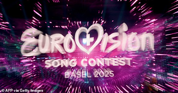 This photograph taken with a zooming effect shows a Eurovision sign at the end of the first semi-final of the Eurovision Song Contest 2025, at the St. Jakobshalle arena in Basel on May 13, 2025. (Photo by SEBASTIEN BOZON / AFP) (Photo by SEBASTIEN BOZON/AFP via Getty Images)