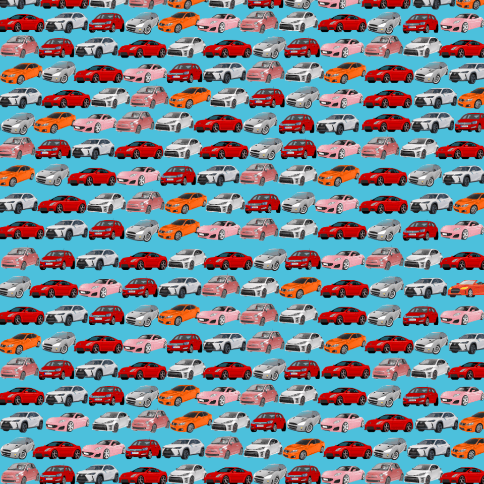 Optical illusion: find the convertible among many cars.