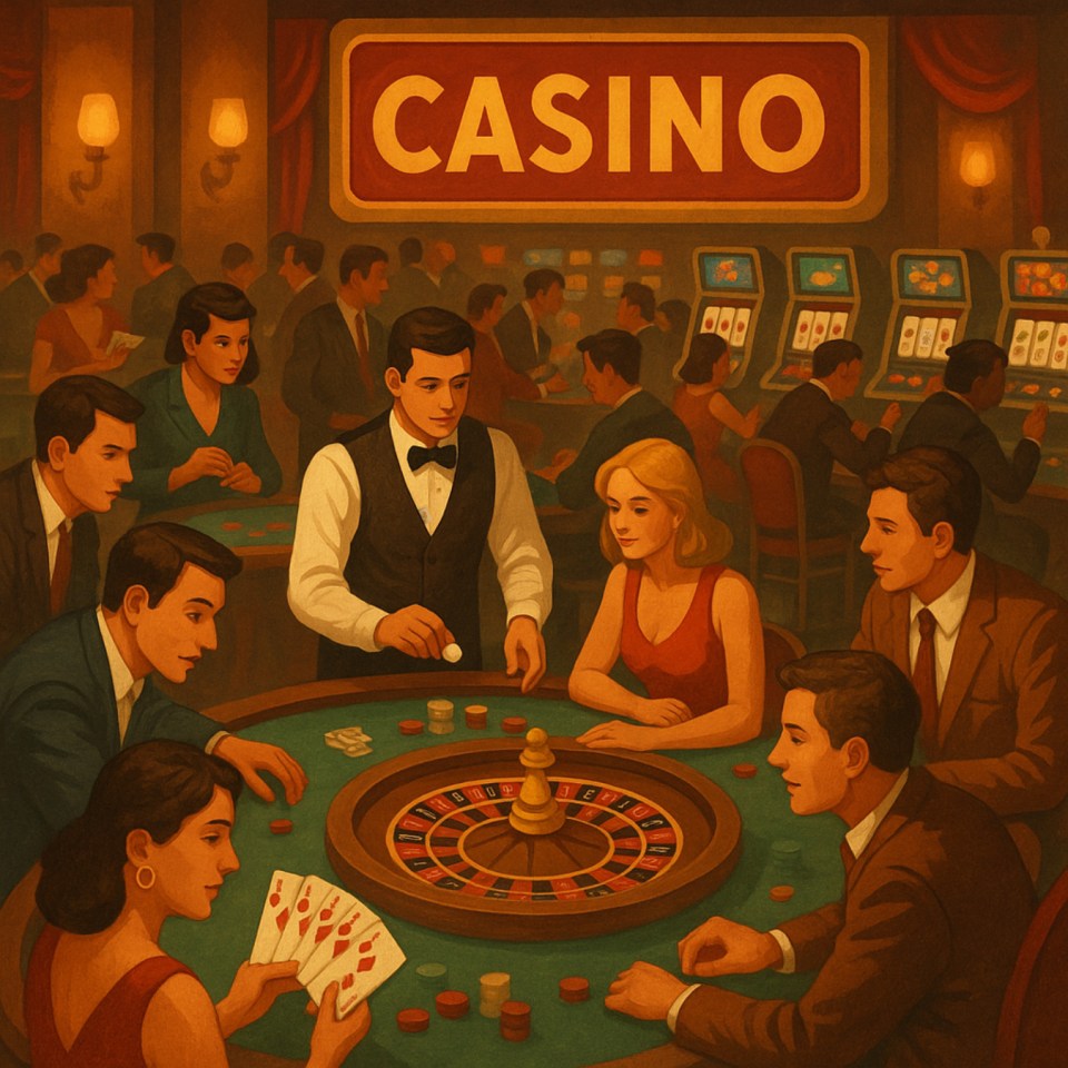 Illustration of people playing roulette in a 1950s-style casino.
