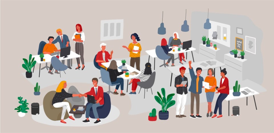 Illustration of a busy office with many people working and collaborating.