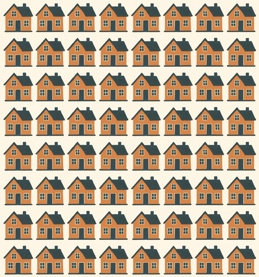 Illustration of a pattern of houses, one of which is different.