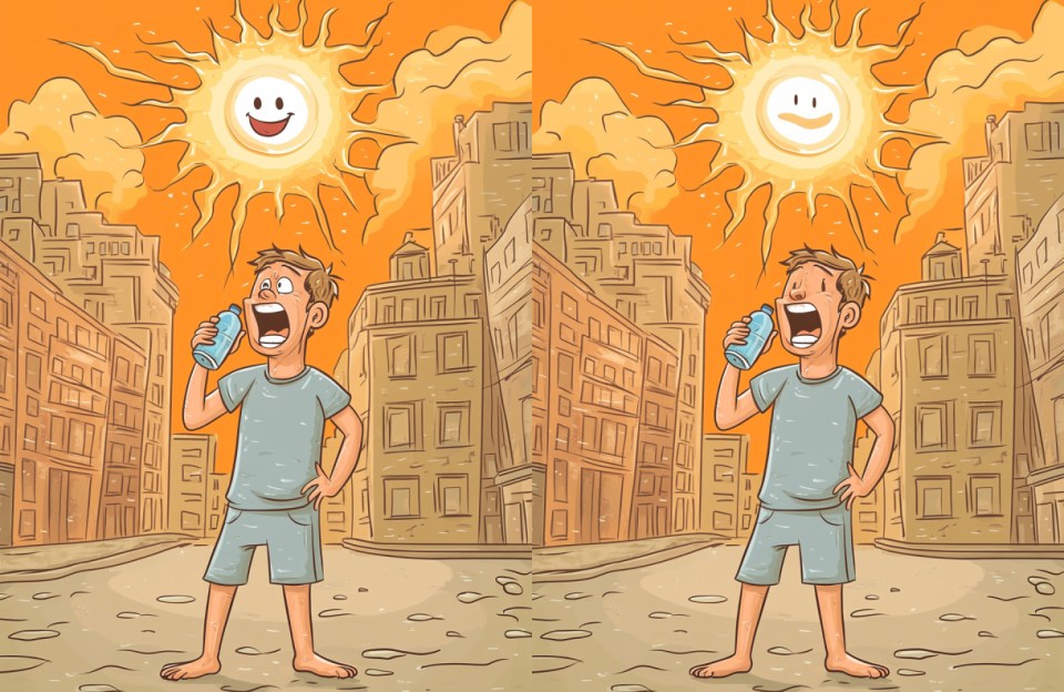 Illustration of a spot-the-difference puzzle: two nearly identical images of a man drinking water on a hot day.
