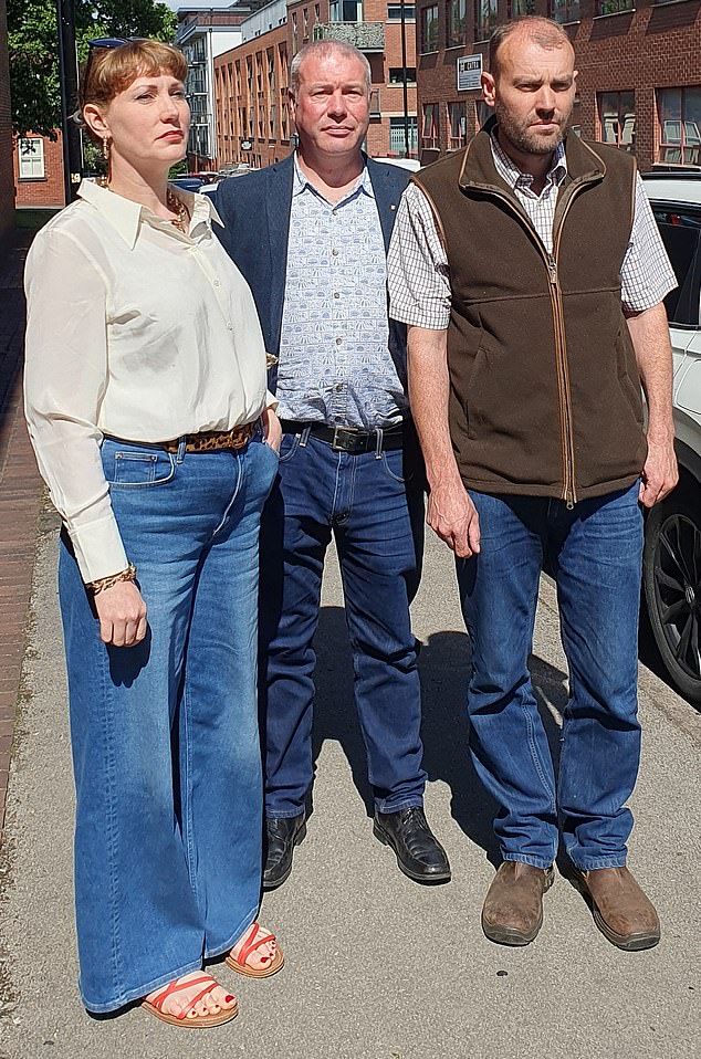 Mr Charlesworth's children Verity, left, and Jonathan, right, with family friend Paul Denton