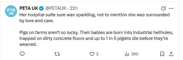 Animal rights group PETA also used the announcement to take aim at how poorly pigs can be treated on industrial farms in the UK
