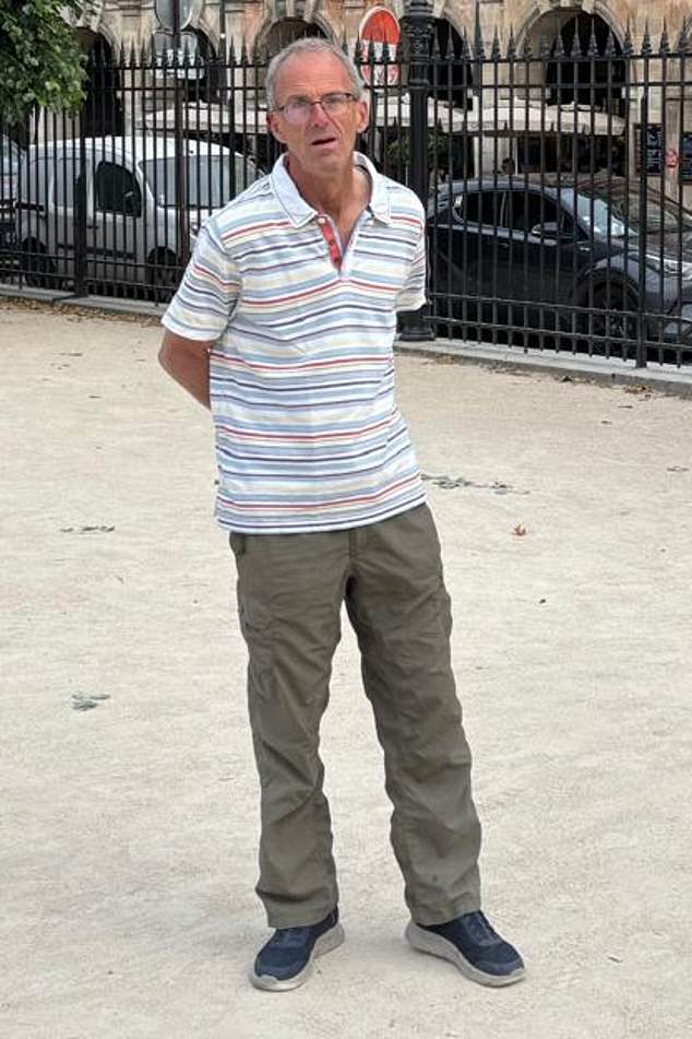 Relatives of Chris Arnheim, 65, are increasingly worried about his wellbeing after the tennis fan travelled to Paris to watch the French Open earlier this week (Pictured: Chris in Paris shortly before his disappearance)