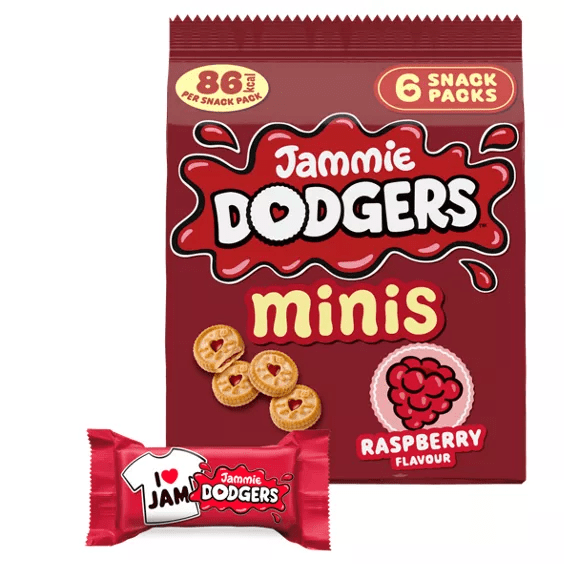 Package of Jammie Dodgers Minis raspberry flavour biscuits.