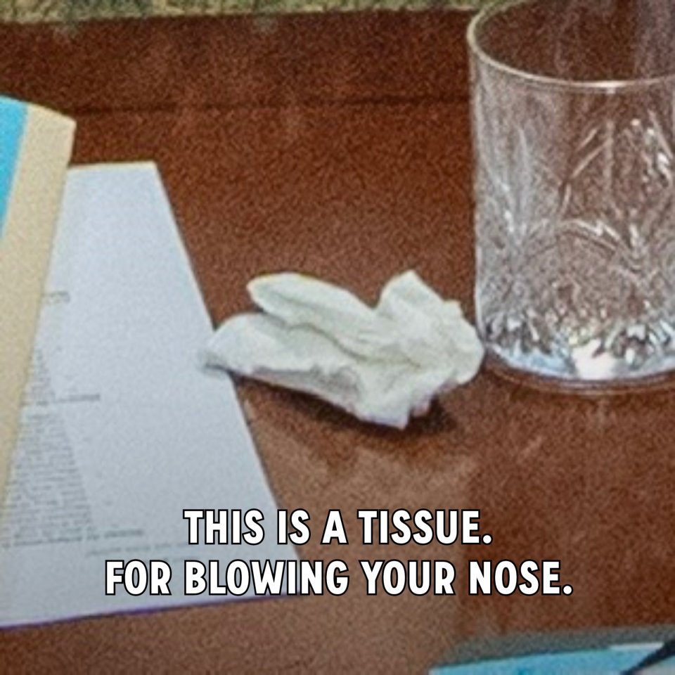 Image of a tissue, papers, and a glass on a table.