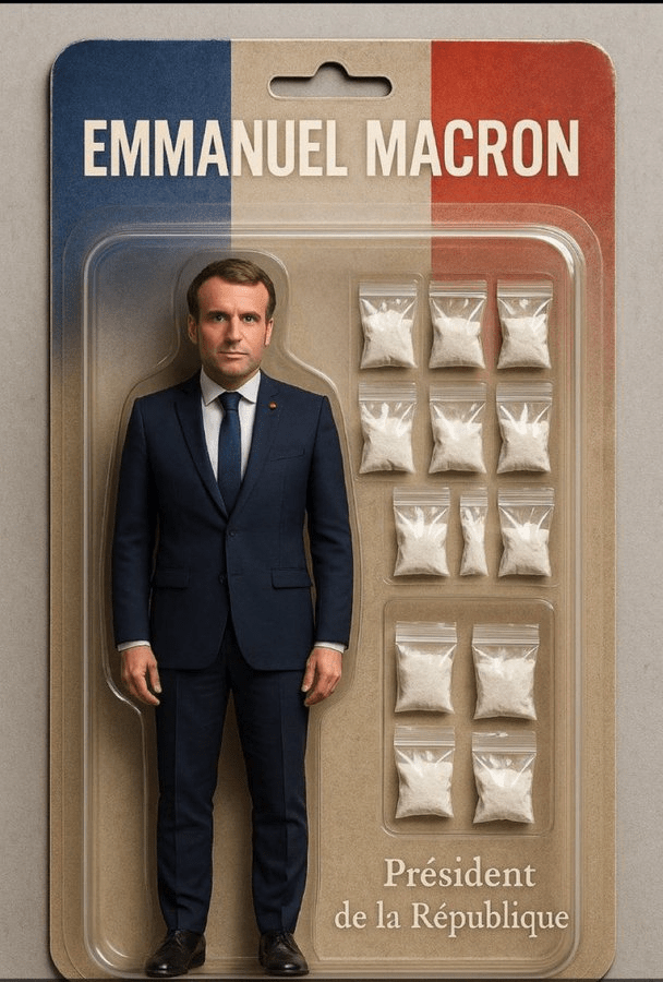 Illustration of Emmanuel Macron in a toy package with bags of cocaine.