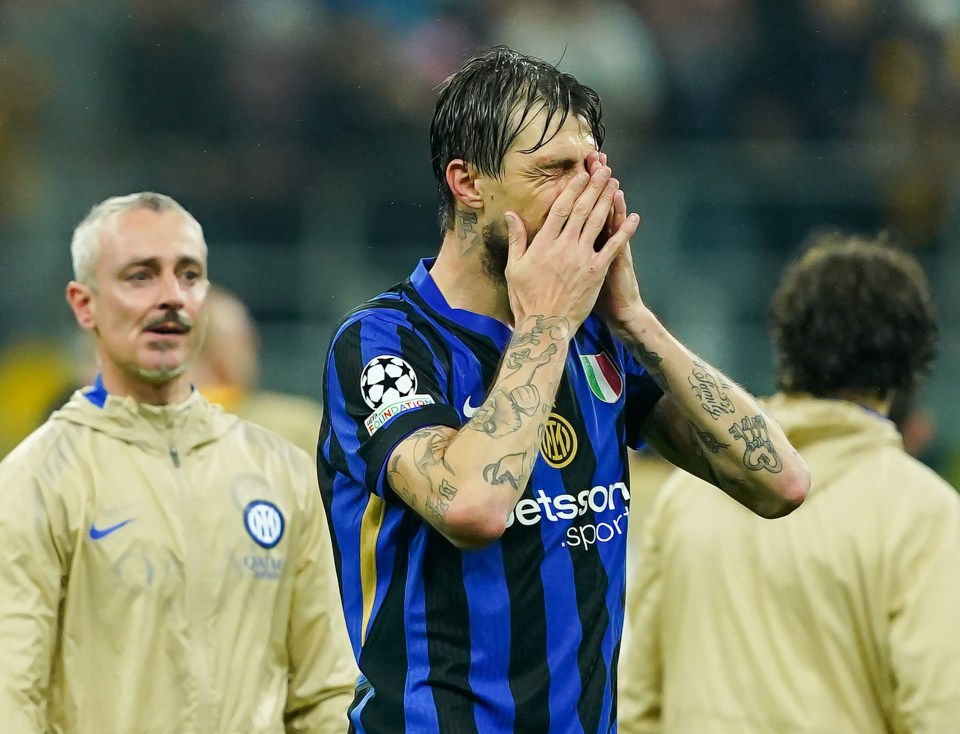 Francesco Acerbi of FC Internazionale celebrates in tears after a soccer match victory.