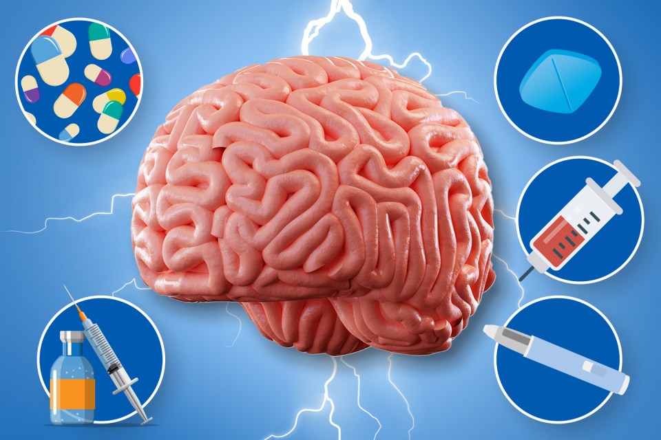 Illustration of a brain with medication and injection icons.
