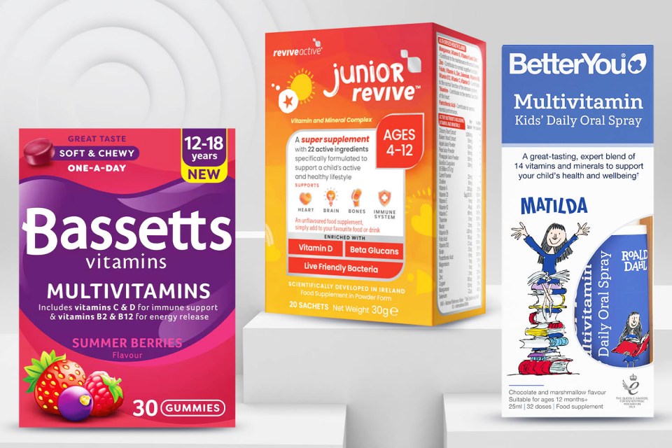 Collage of three children's vitamin products.