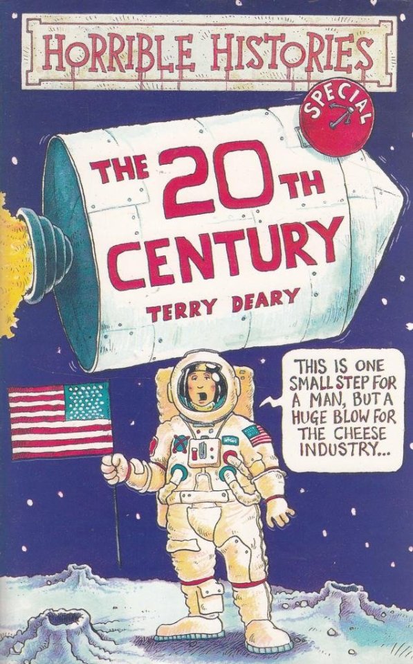 Illustration of Horrible Histories: The 20th Century book cover featuring an astronaut on the moon.
