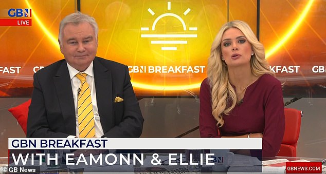 The presenter was busy hosting his Breakfast show when he fell causing the programme to go to a long six minute advert break; pictured with Ellie Costello