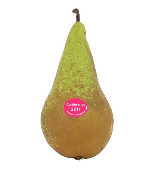 Conference pear with sticker.