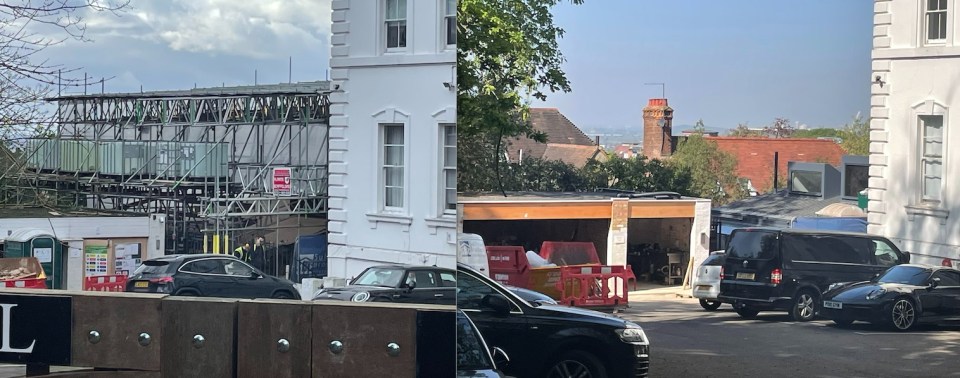 Before and after photos of George Michael's home renovation, showing scaffolding and construction work.