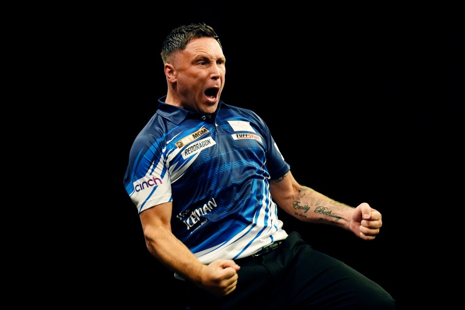 Gerwyn Price celebrating during a darts match.