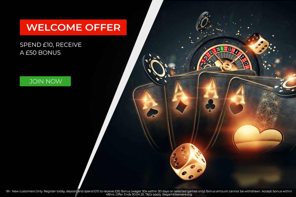 Illustration of casino game elements and a welcome offer: spend £10, receive a £50 bonus.