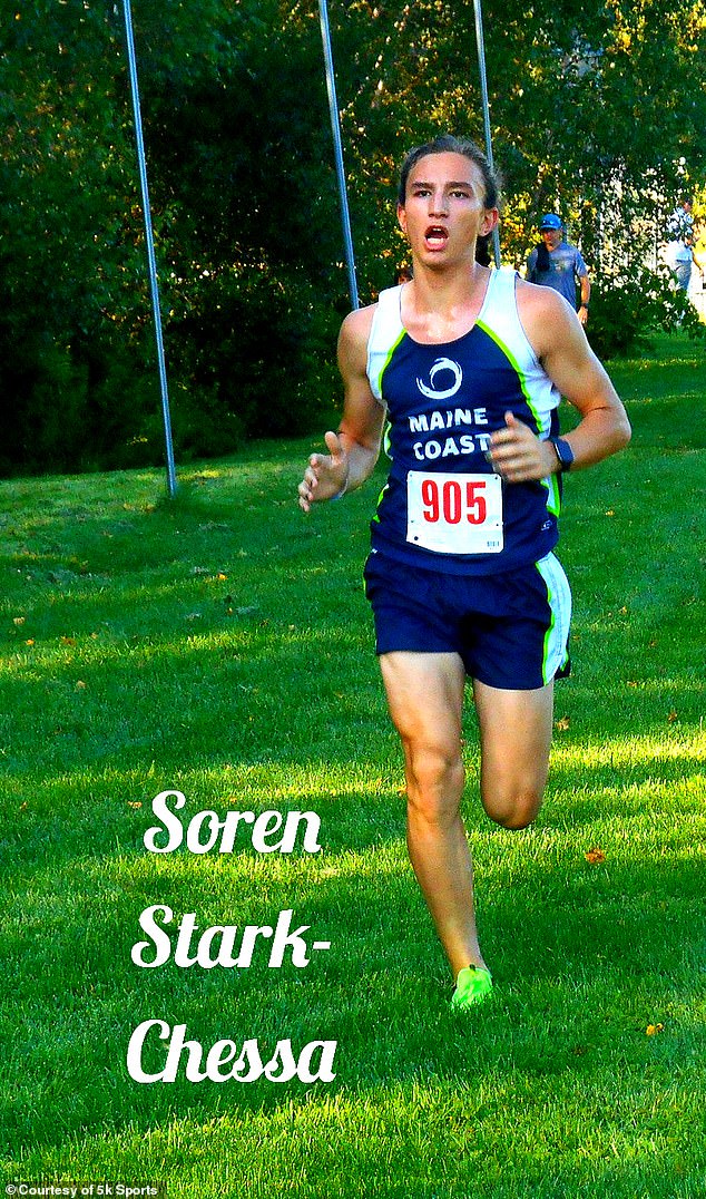 Soren Stark-Chessa, a high school sophomore, is seen competing in a girls' 5k race eighteen months ago in 2023. Stark-Chessa ran in the boys' competition as a freshman