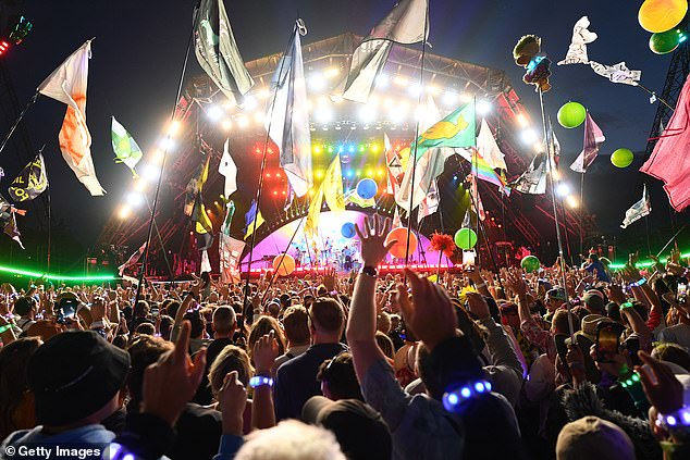 A general view of the Glastonbury crowd on June 29, 2024.