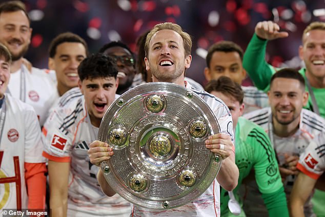 Harry Kane has finally lifted the first trophy of his career after winning the Bundesliga with Bayern Munich