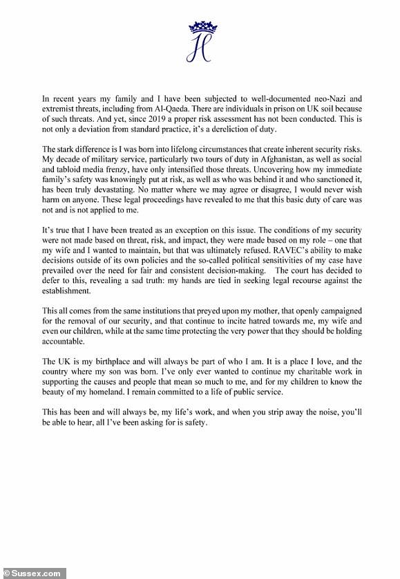 Harry's statement in full that he issued last night following the loss of his court appeal