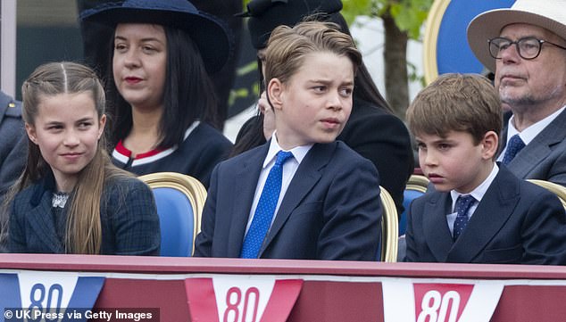 Princess Charlotte, Prince George and Prince Louis during the military procession to mark the 80th anniversary of VE Day on May 5, 2025 in London