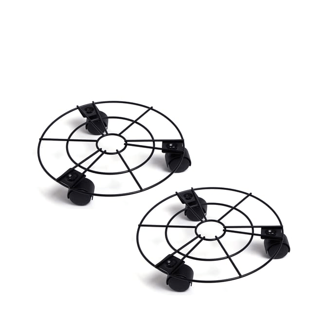 Two black metal plant stands with wheels.