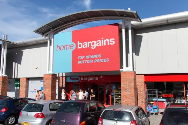 Home Bargains store exterior with customers outside.