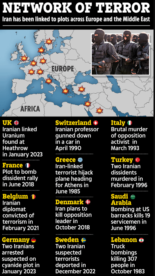 Illustration of a map showing Iran's alleged involvement in terrorist plots across Europe and the Middle East, with details of specific incidents.