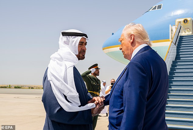 UAE President Sheikh Mohamed bin Zayed Al Nahyan (left) gave President Donald Trump (right) a personal send-off on Friday, with the two leaders walking a baby blue carpet to Air Force One
