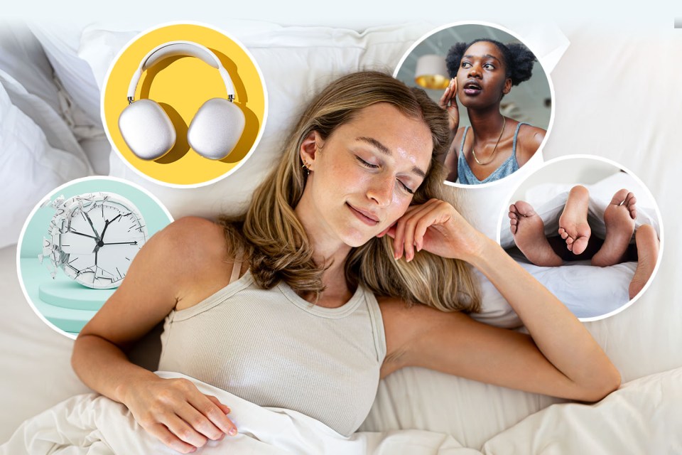 Collage of a woman sleeping, headphones, a broken clock, and other people sleeping.